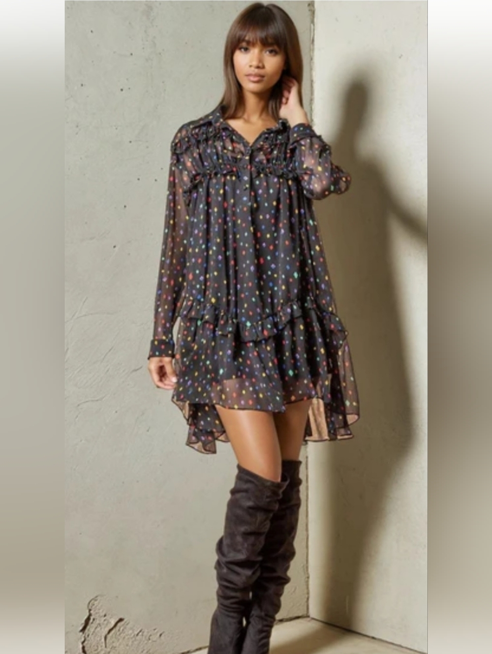 Eva Franco Black Dress with Red, Blue, Pink and White Polka Dots